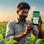 मराठी शेतकरी स्मार्टफोनवर AI अ‍ॅप वापरताना – डिजिटल भारतातील नवशेती
