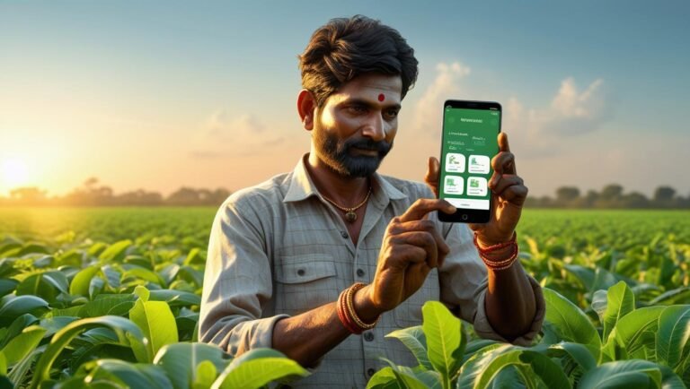 मराठी शेतकरी स्मार्टफोनवर AI अ‍ॅप वापरताना – डिजिटल भारतातील नवशेती